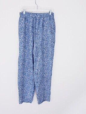 Melrose Studio Blue White Floral Pants 100% Silk Wide Leg Medium Flowy Pant